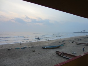 Beautiful view from my balcony. The beach is filled with local fishing boats and fishermen. 